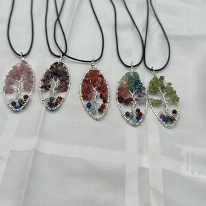 Chakra (Multi Stone) Silver Finish Wire-Wrapped Tree of Life Pendant CHOOSE 1